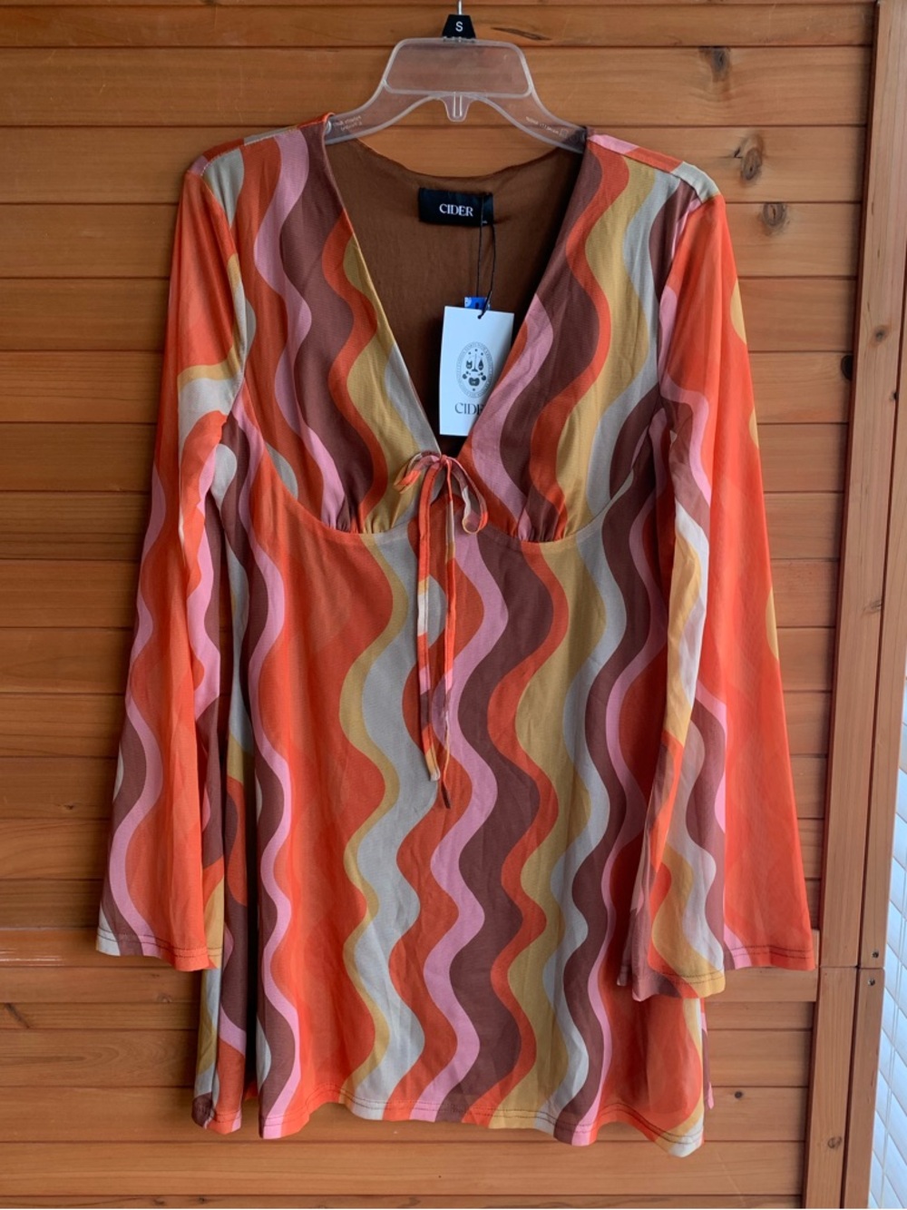 Cider Mesh V-Neck Wavy Hippie Bell Sleeve Dress, X Large